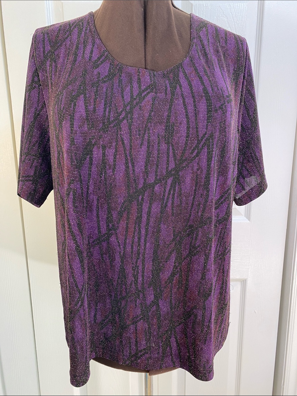 2 for $25 - Vintage Jessica Purple Printed Sparkly Short Sleeve Top, 2X Plus
